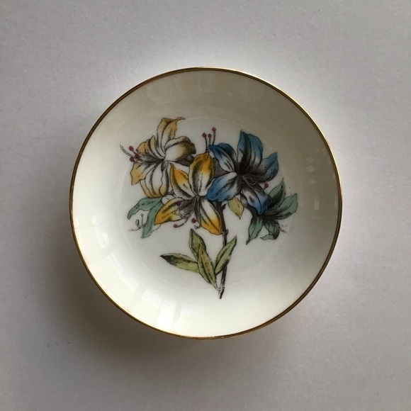 Minton English Bone China Tiger Lilly Trinket Dish Blue & Yellow Floral Vintage - Picture 8 of 10